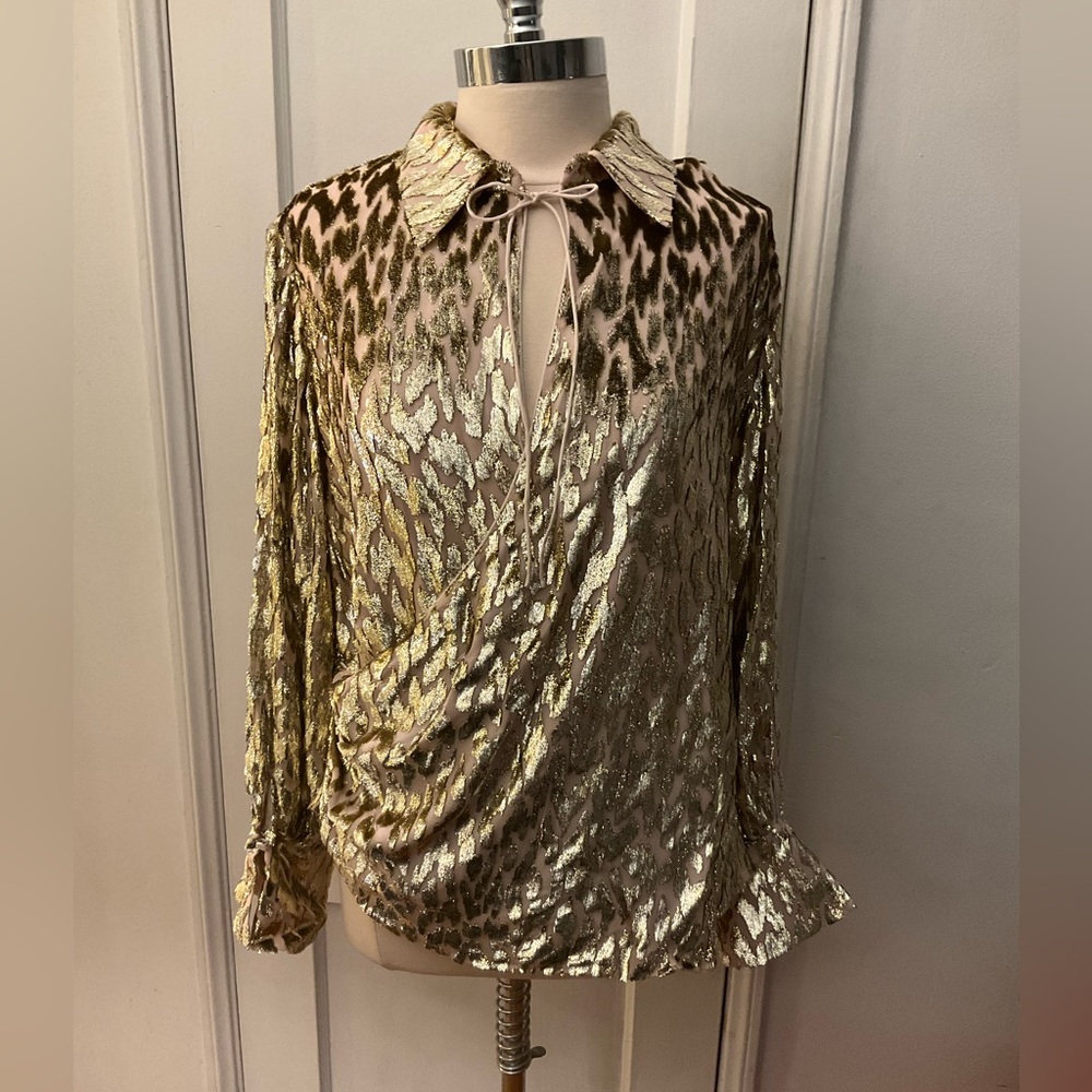 Jonathan Simkhai  Metallic Silk Velvet Long Sleeve Blouse 14 NWT $395